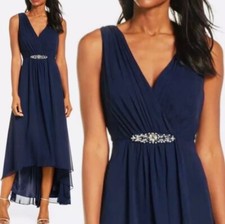 Eliza J Womens Size 14 Navy Embellished High Low Chiffon Cocktail Midi Dress
