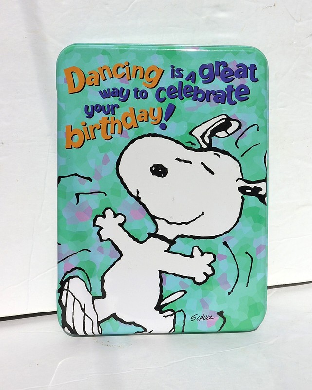 PEANUTS-SNOOPY TIN BOX-Dancing is a great way to celebrate your birthday! - NEW