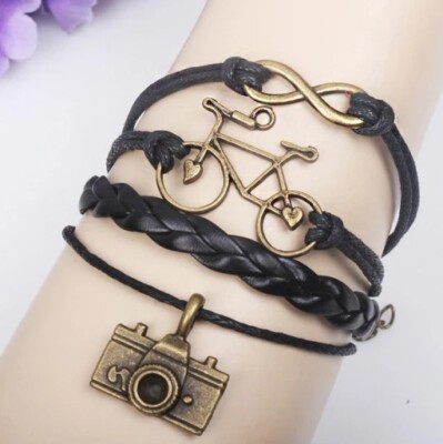 Black Multilayer Traveler Bracelet Bicycle Camera Infinity Nomad Cord Bracelet N