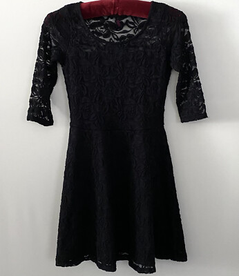 Material Girl Women's Skater Dress Black Lace Lined Stretch 3/4
