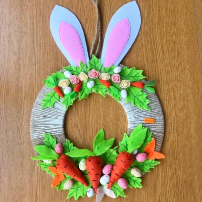 Easter  Wreath Front Door Bunny Spring felt leaf wreath with carrots and eggs