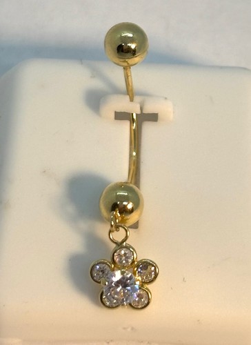 14K Yellow Gold Flower Dangle CZ Belly Button Ring Piercing Body Jewelry