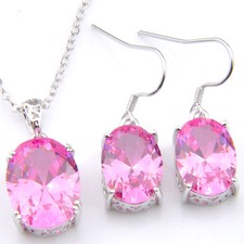 Best 2 pcs 1 Lot Huge Oval Lovely Sweet Pink Topaz Gemstone Pendant Earrings Set