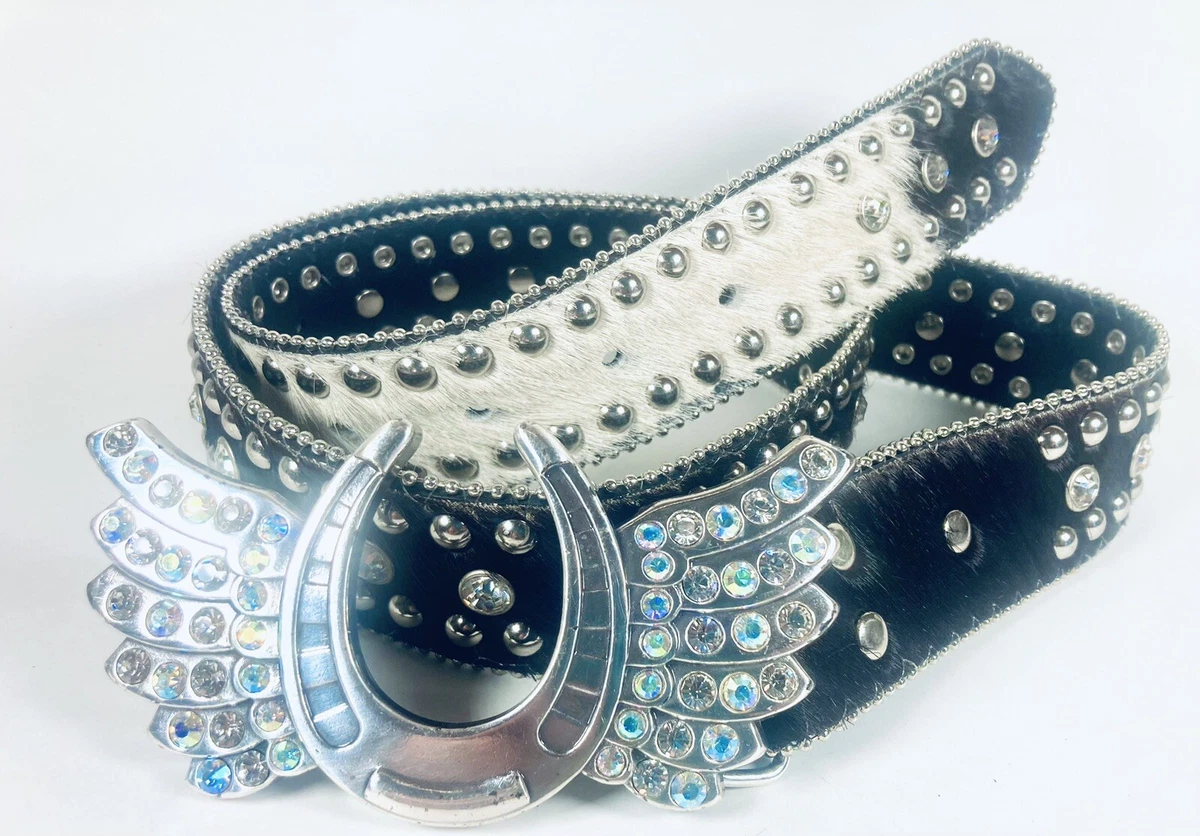 Nocona Western Womens Belt M Black White Calf Hair Studded 