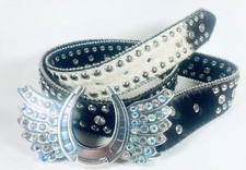 Nocona Western Womens Belt M Black White Calf Hair Studded Rhinestone Horseshoe