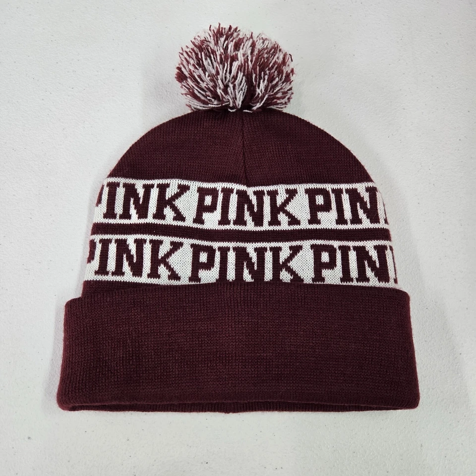 ROSA Victoria's Secret Mujer Sombrero Talla Única Rojo Rayas Gorro Logo Pom Pom Tejido Foto 4 de 4