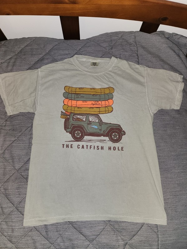 Men's L Gray Cotton Graphic T-Shirt Catfish Hole Fayetteville, AR Jeep and rafts