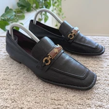 Tory Burch PERRINE Loafers Black Leather Square Toe Medallion WOMEN 9.5