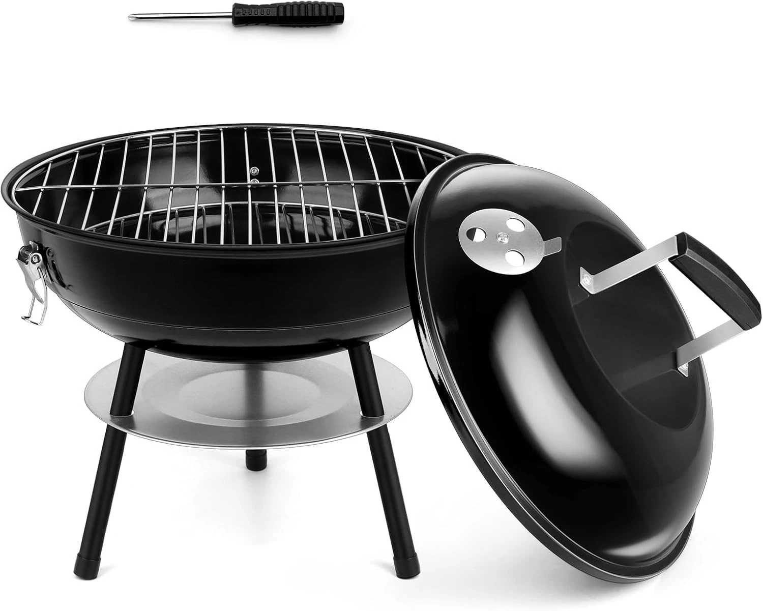 HaSteeL 14 Inch Charcoal Grill, Small Black Enamel Outdoor BBQ Grill, Mini Flat