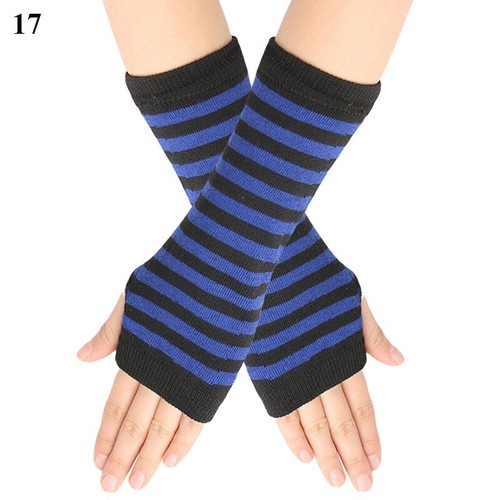 Fingerless Thumb Gloves Arm Warmers Striped Ladies Women Mitten 25 colors - Picture 29 of 37
