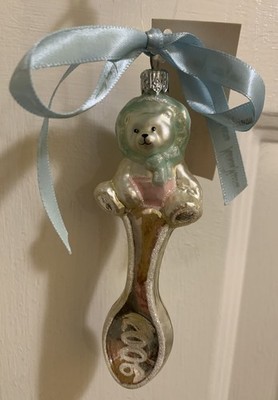Vintage Marek Geyer Polish Glass Ornament 2006 Baby's First Teddy Bear on Spoon