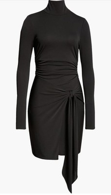 Cinq a Sept Black Long Sleeve Turtleneck Ruched Dress with Side Knot Detail