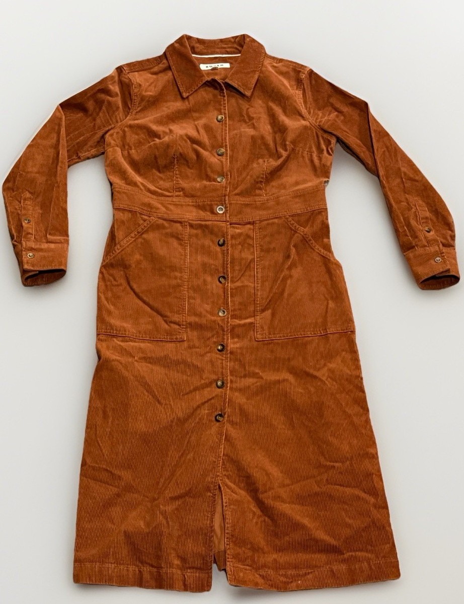boden flora cord shirt dress Boden Flora Cord Brown Midi Dress Button Front Utility Patch Pocket Chic 8P