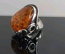 Sterling Silver 925 Genuine Baltic Amber Ring Large Ornate Statement Sz 6.5 Vtg