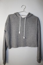 Gray Cropped Fleece Pullover Hoodie Long Sleeve Women M/L Drawstring