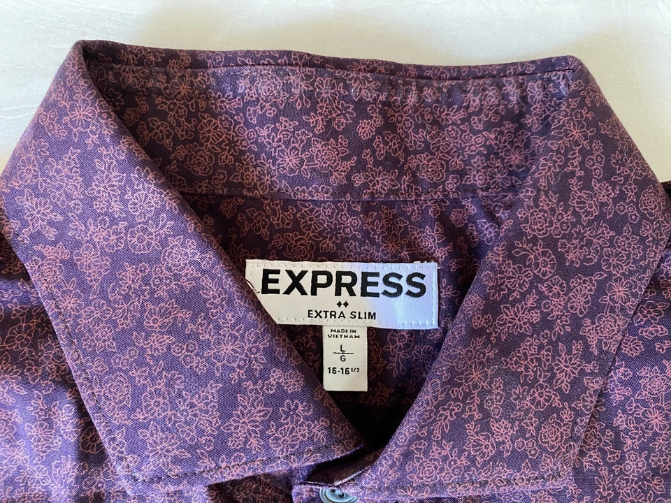 Express Men's Burgundy Floral Print Button Down Shirt Extra Slim Fit Size L Casu - Image 4 of 4