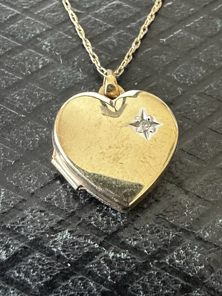 Vintage 9K Gold & Diamond Heart Locket Set - Birmingham Hallmarked - 1.9g - 20" - Изображение 2 из 4