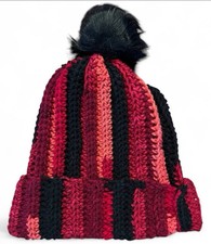 Crochet Ribbed Beanie With Faux Fur Pom Pom - Adult Size Ruby Red