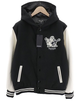 True Religion Herrenjacke L Schwarz Varsity Bomber Zweifarbig Mit Kapuze Logo