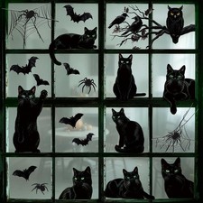 9 Sheets Halloween Window Clings Black Cat Decor Bat Large,