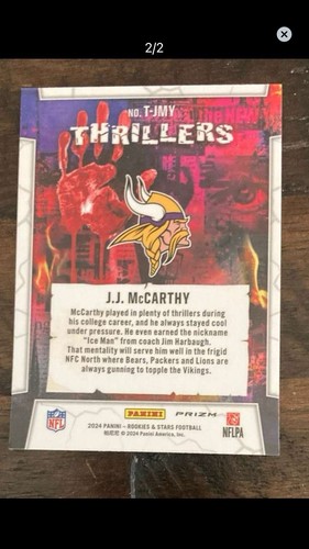 2024 Panini Rookies & Stars - Thrillers J.J. McCarthy #T-JMY Pandora /135 (RC) - Picture 2 of 2