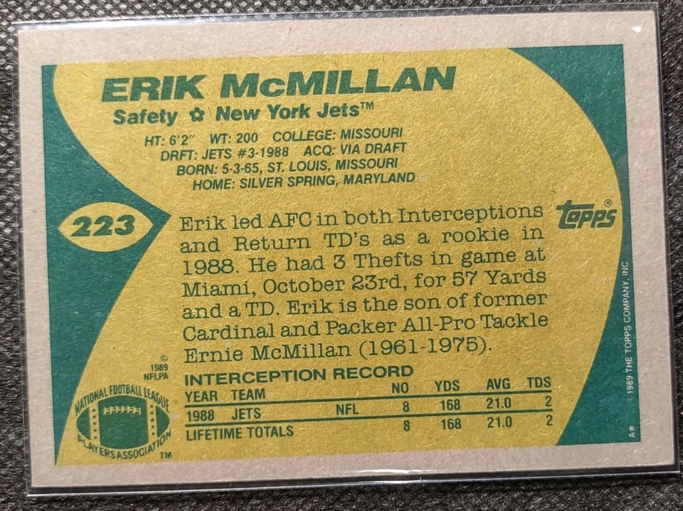 1989 Topps - Erik McMillan #223 (RC) - Image 2 of 2