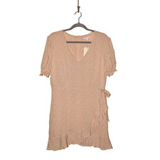 GB GIANNA BINI NEW $59 Flower Petal Printed Faux Wrap Ruffle Hem Dress Tan Large