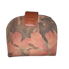 Liz Claiborne Canvas Folding Wallet Faux Leather Trim Leaf Pattern Small Stylish