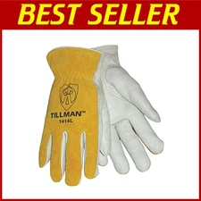 Heat Resistant Cowhide Leather Gloves, White/Yellow, Large