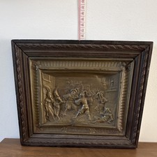 Antique Embossed Brass Wall Plaque in Carved Wooden Frame &ndash; Medieval Scene