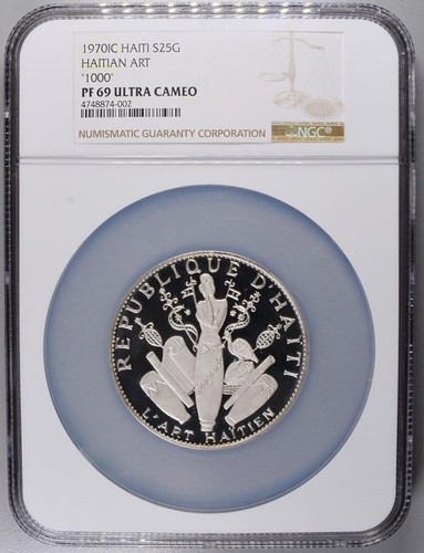 1970 25 Haiti Gourdes Haitian Art NGC PF69 Ultra Cameo .999 Oversize Silver Coin