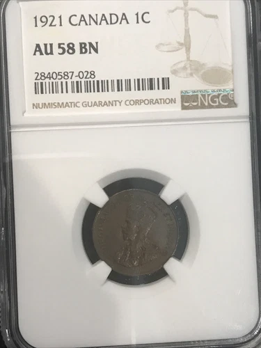 1921 Canadian One Small Cent Victorian Canada Copper 1C NGC AU58 BN