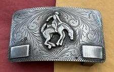 Antique Rare Design Signed ALC Mexico Sterling Silver Bronco Cowboy Belt Buckle