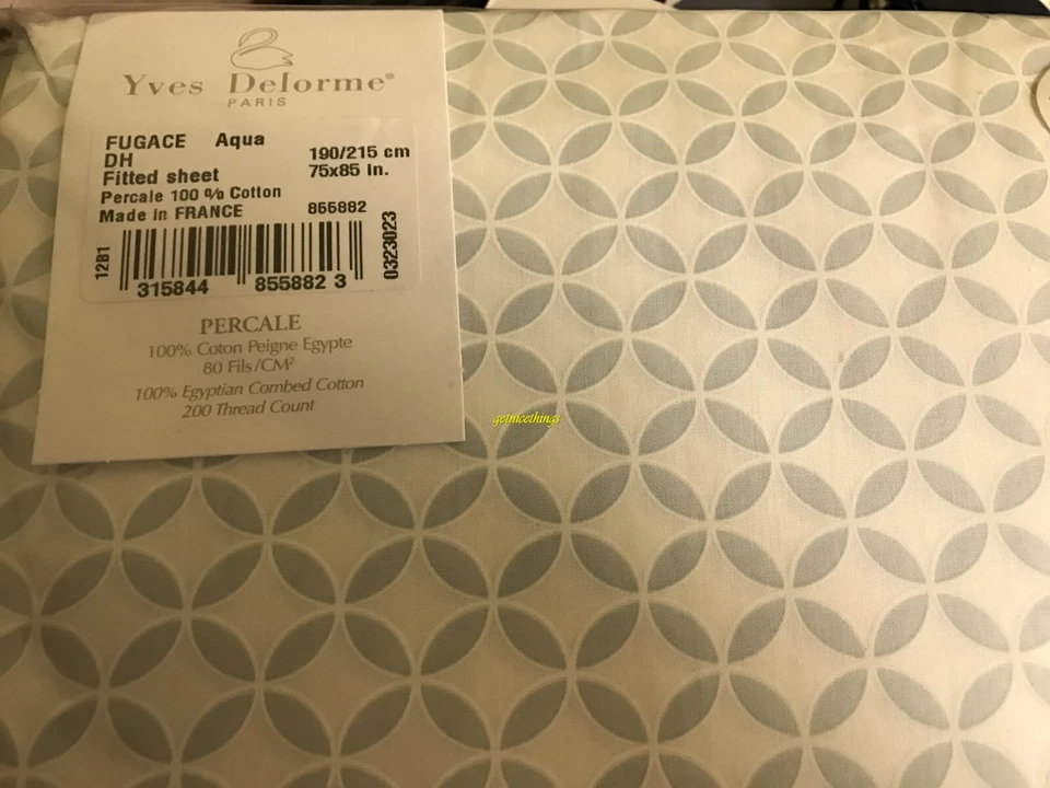 NUEVO CON ETIQUETAS Sábana Ajustable Yves Delorme Cal King 75x85" 18"D Gráficos Geométricos Azul Blanco Foto 3 de 4