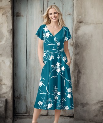 Bon Apple Tea Women's Flutter Sleeve Surplice Dress with Pockets