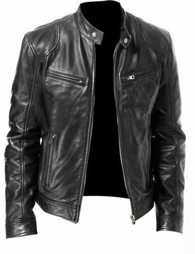Men's Black Biker Jacket - Soft Sheepskin Leather Outerwear-image