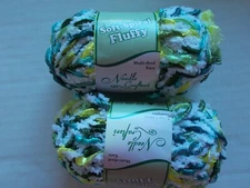 Needle Crafters Soft Spiral Fluffy yarn, white/green/yellow, lot of 2
