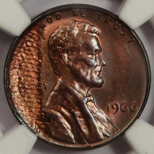 1966 NGC MS65RB Struck Thru Cloth Lincoln Cent Mint Error Deep Textured Pattern