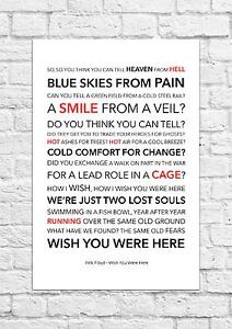 Pink Floyd Wish You Were Here Song Lyric Art Poster Size Ebay