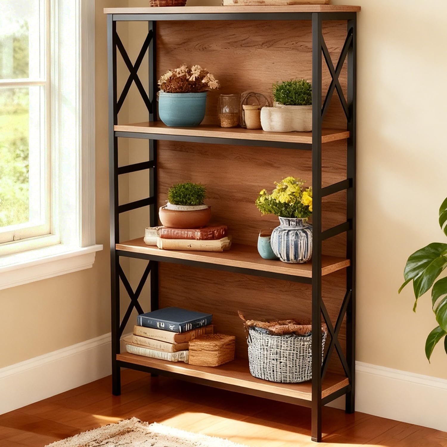 Book Shelf,4-Tier Industrial Bookshelf with Strong Metal Fra