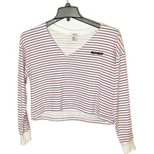 Forever 21 Striped V Neck Long Sleeve relaxed Crop T shirt White red sz m
