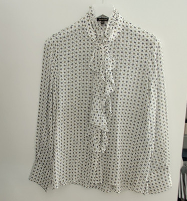 Massimo Dutti Women s XS White Geometric Mock Neck Long Sleeve Ruffle Blouse