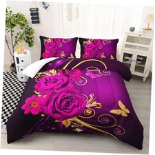 Rose Comforter Set Size, Pink and Gold Floral Butterfly Bedding Full Style 12