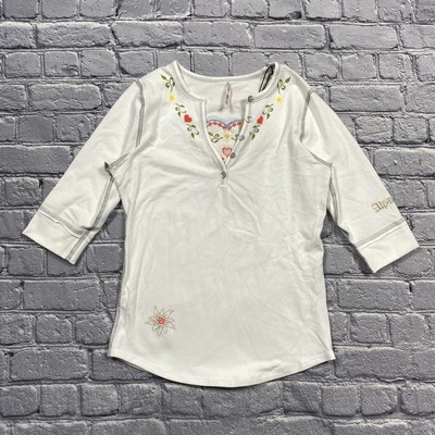 Alp-n-Rock Womens Henley Shirt Size 1 White Embroidered Floral Rockabilly Ski