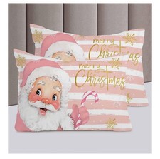 4 Piece Christmas Queen Duvet Set, Pink Striped Santa