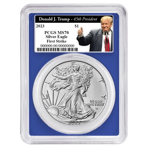2023 $1 American Silver Eagle PCGS MS70 FS Trump 45th President Blue Frame