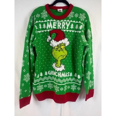 Dr Seuss The Grinch Merry Grinchmas Ugly Christmas Sweater Green Red Mens Large - Image 1 of 4
