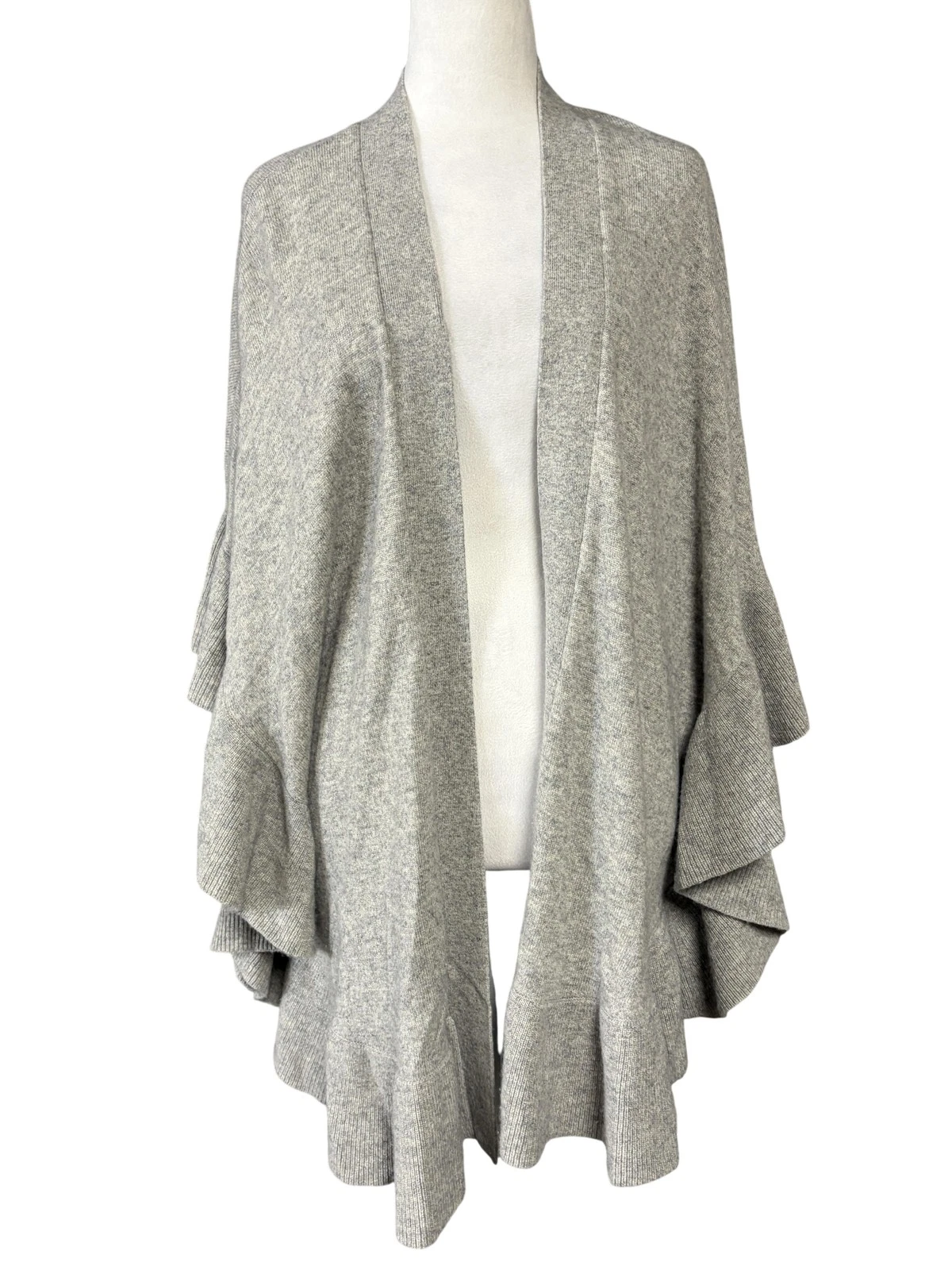 Ann Taylor Womens XS/S Gray 100% Cashmere Ruffle Hem Open Front Poncho Cape Wrap
