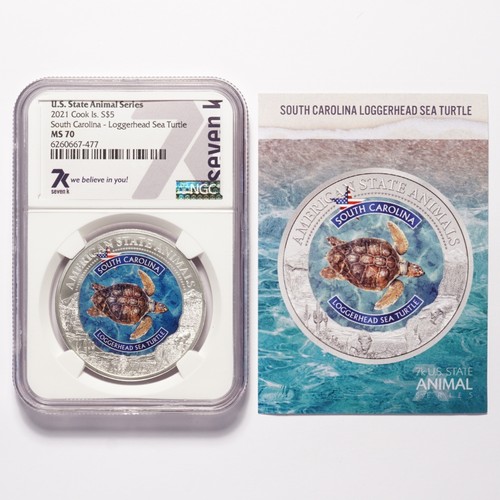 2021 Cook Is. Silver $5 South Carolina Loggerhead Sea Turtle NGC MS70