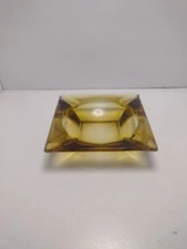 Vintage Amber Glass Cigar Ashtray Square Mid Century Modern Heavy 1.25LB 5.75In